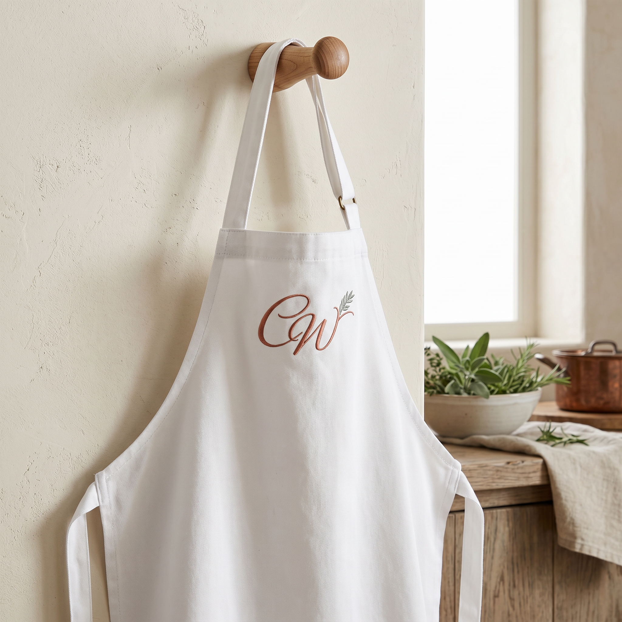 CW monogram embroidered kitchen apron